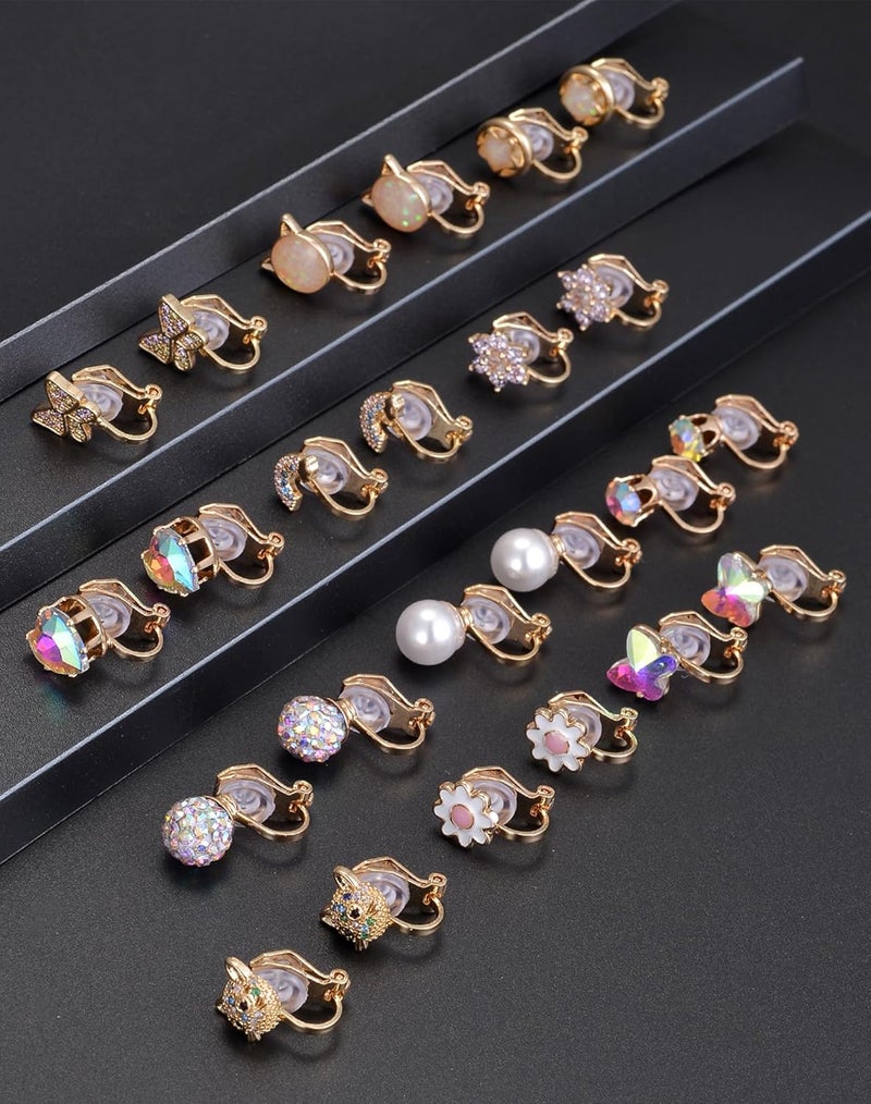 Tornito 10-15 Pairs Clip on Stud Earrings Non Pierced Teardrop Round Square CZ Pearl Twist Knot Flower Butterfly Heart Star Rainbow Cat Opal Clip on Earrings for Women - Image 4